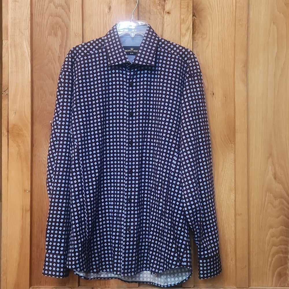 Bertigo Long Sleeve 100% Cotton Button Up Dress Shirt XL Dark Brown & Light Blue